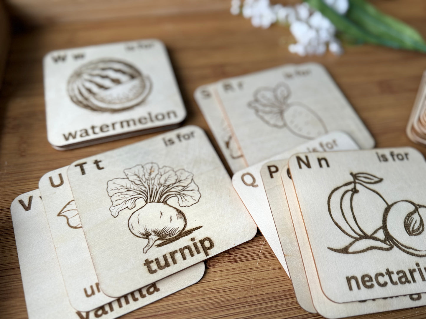 Wooden Alphabet Flashcards – Fruits & Vegetables Edition