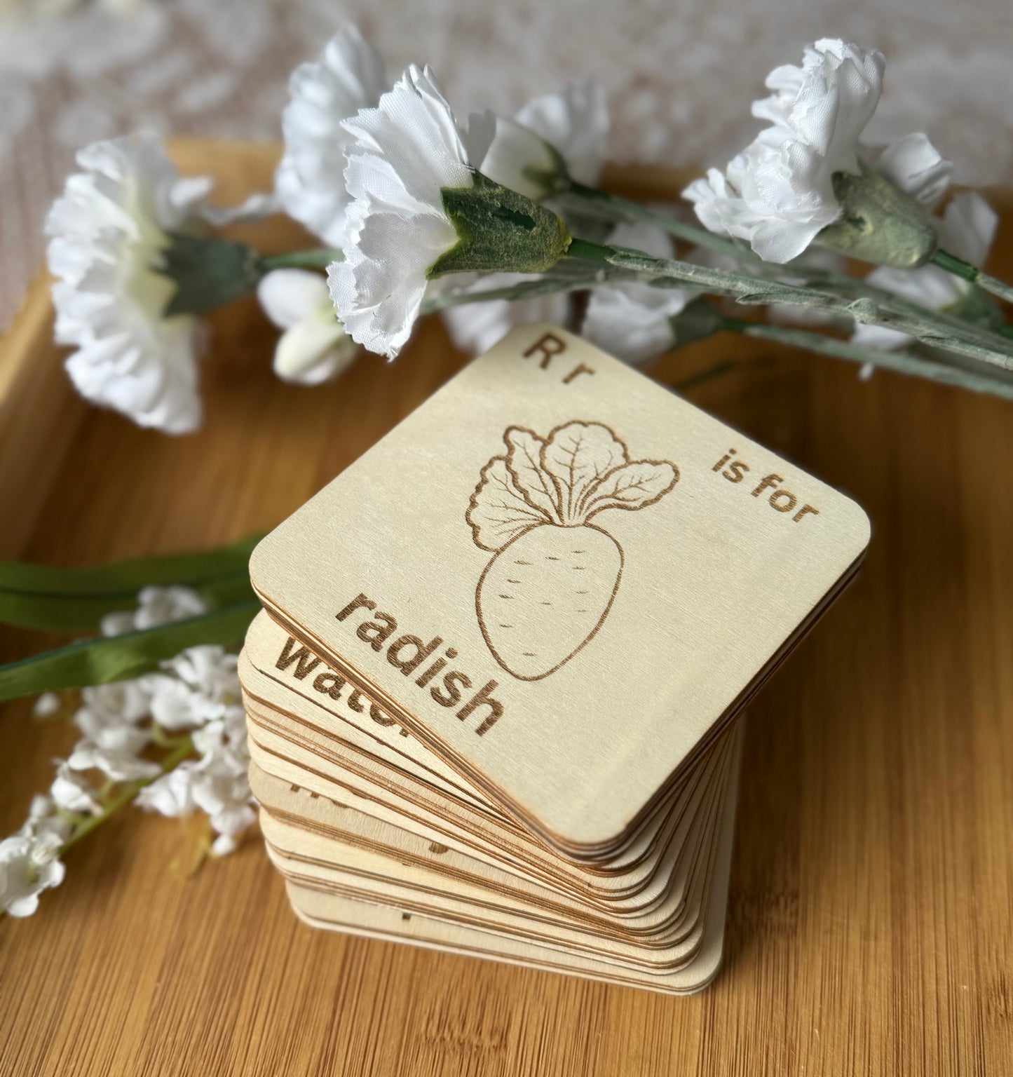 Wooden Alphabet Flashcards – Fruits & Vegetables Edition