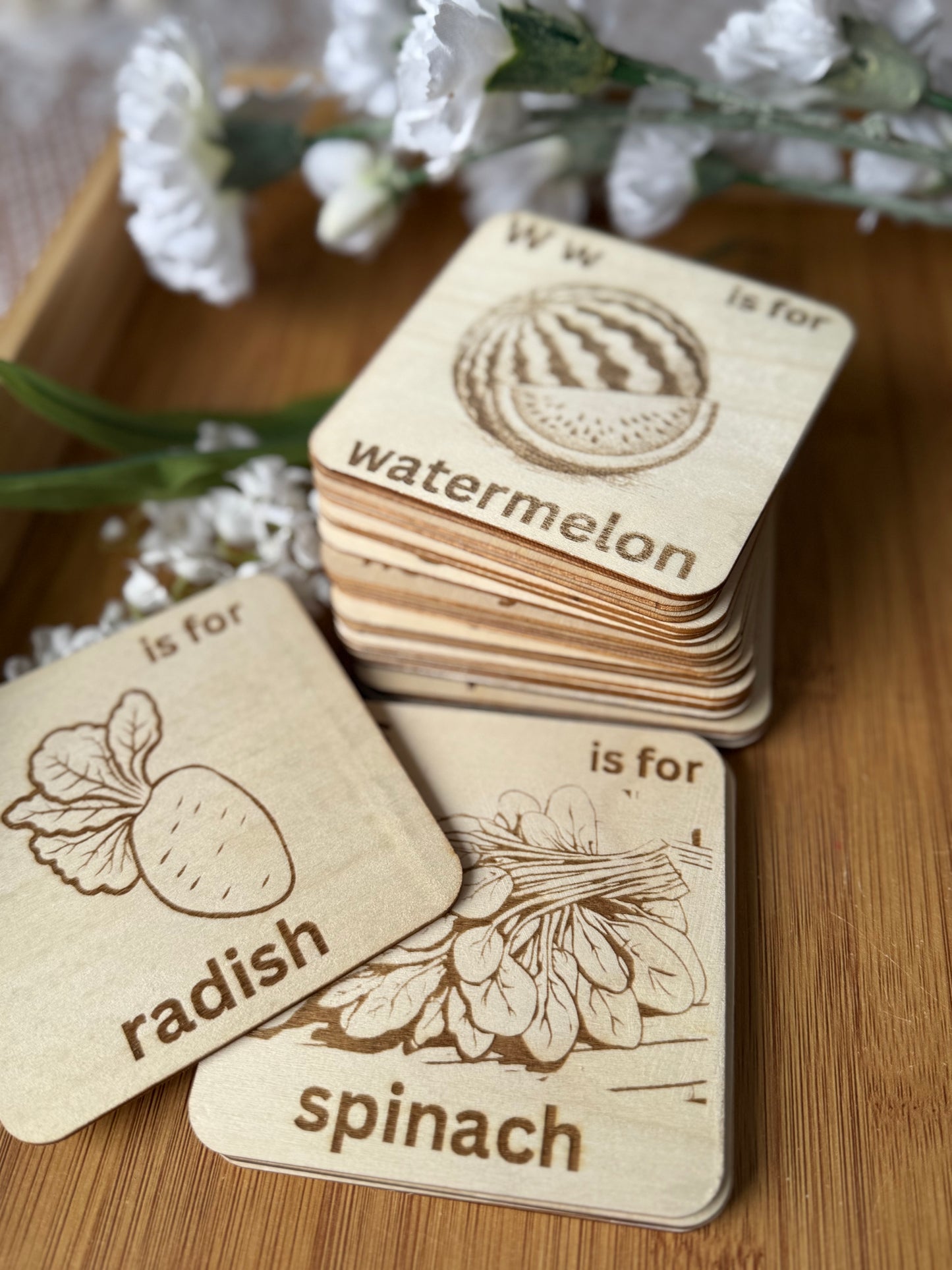 Wooden Alphabet Flashcards – Fruits & Vegetables Edition