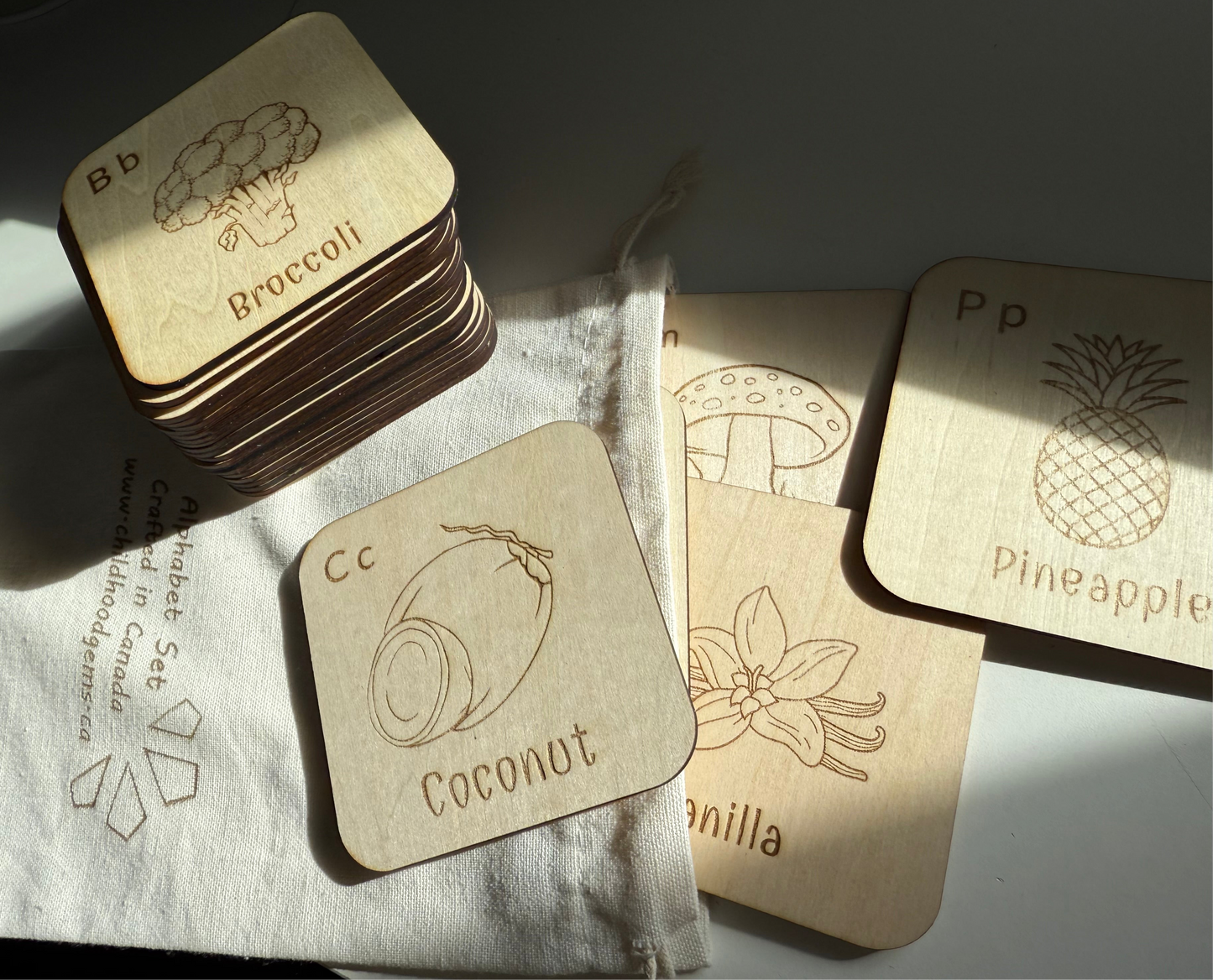 Wooden Alphabet Flashcards – Fruits & Vegetables Edition