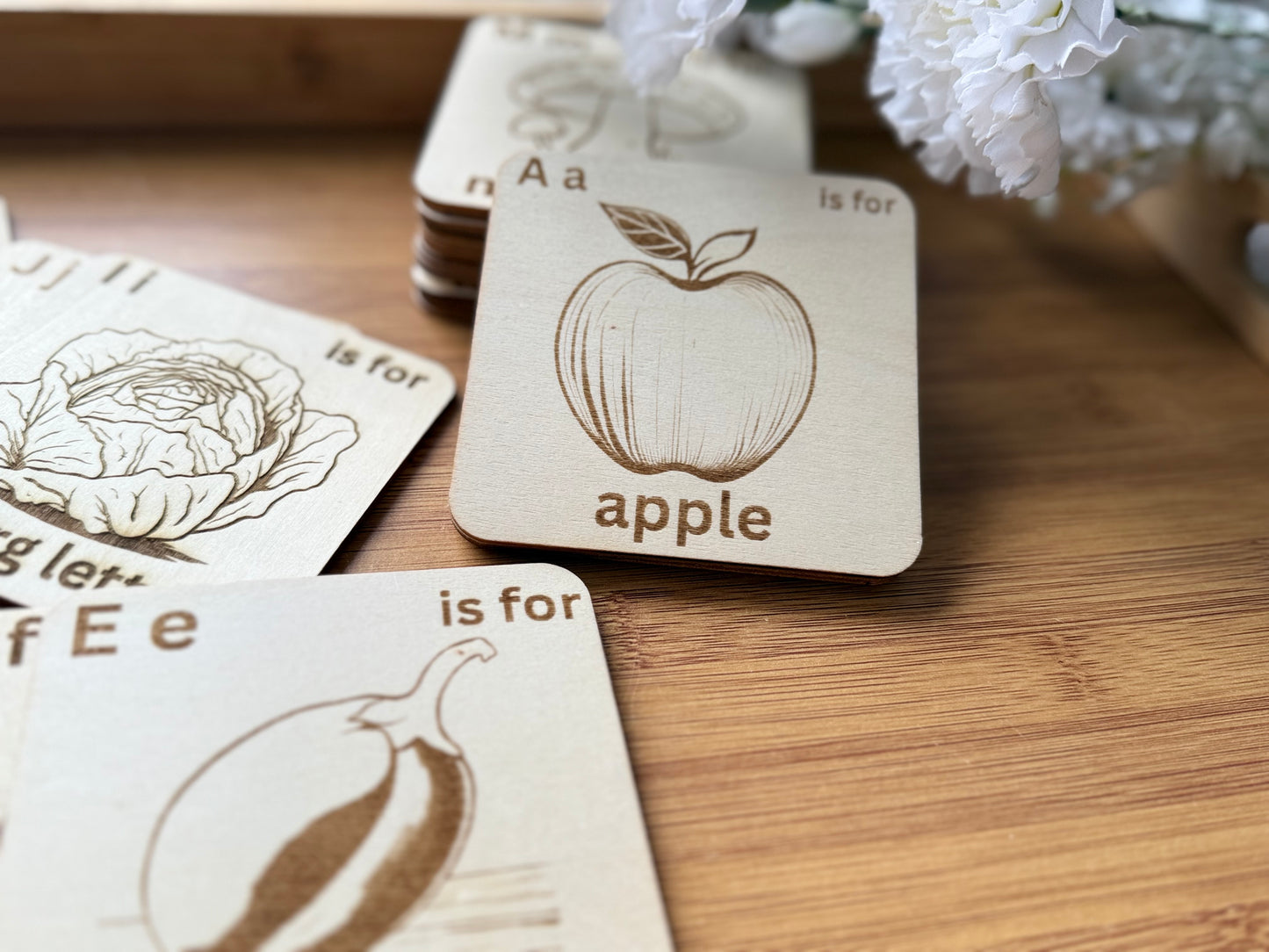 Wooden Alphabet Flashcards – Fruits & Vegetables Edition