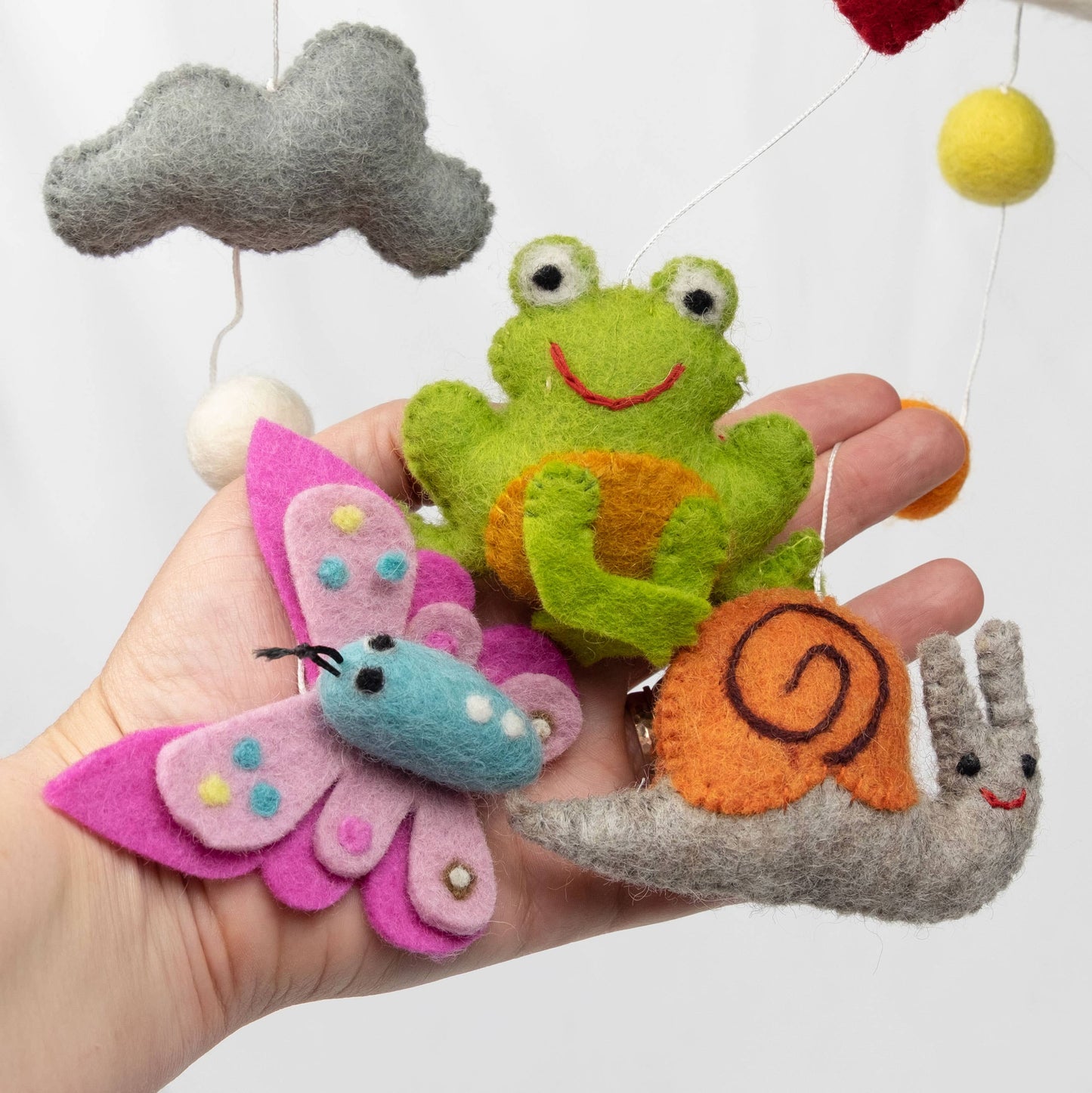 Nursery Cot Mobile - Felt Mobile Garden Friends Frog, Butterfly, Snail, Dragonfly