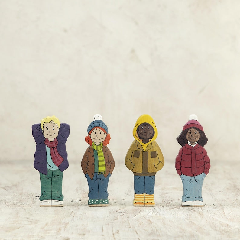 Wooden Boy Figurine in Yellow Jacket – Hand-Painted Winter-Themed Toy for Kids