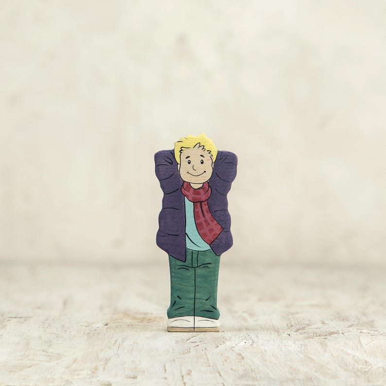 Wooden Boy Figurine in Violet Scarf – Handcrafted Winter Toy for Creative Play