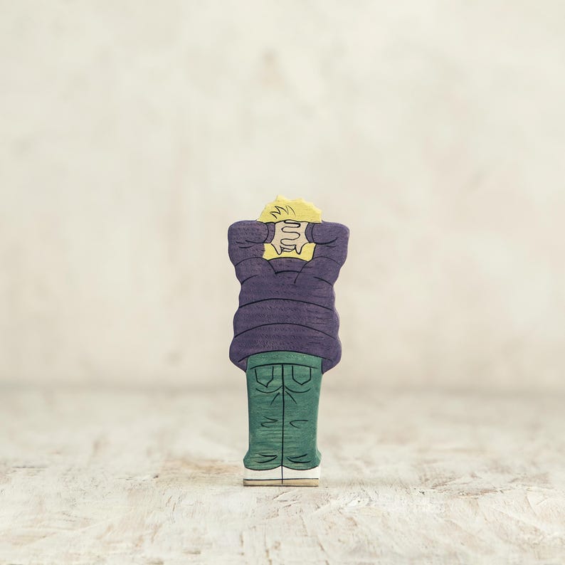 Wooden Boy Figurine in Violet Scarf – Handcrafted Winter Toy for Creative Play