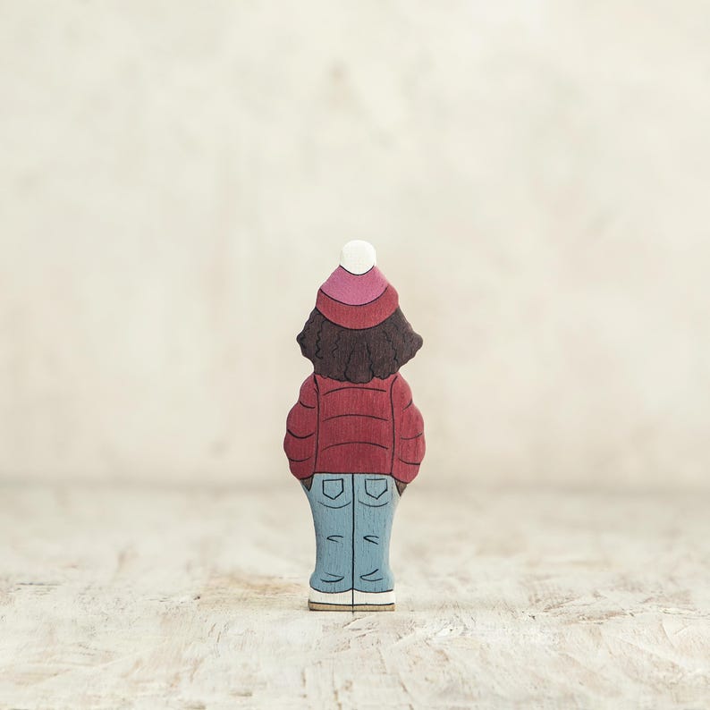 Wooden Girl Figurine in Red Winter Coat – Hand-Painted Winter Toy for Small World Play