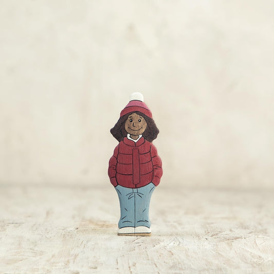 Wooden Girl Figurine in Red Winter Coat – Hand-Painted Winter Toy for Small World Play