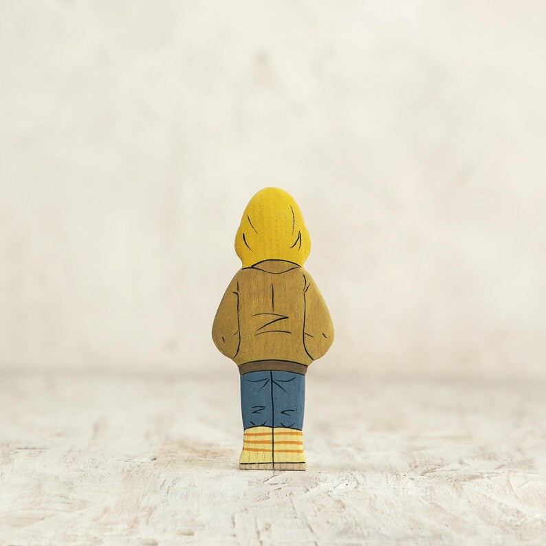 Wooden Boy Figurine in Yellow Jacket – Hand-Painted Winter-Themed Toy for Kids