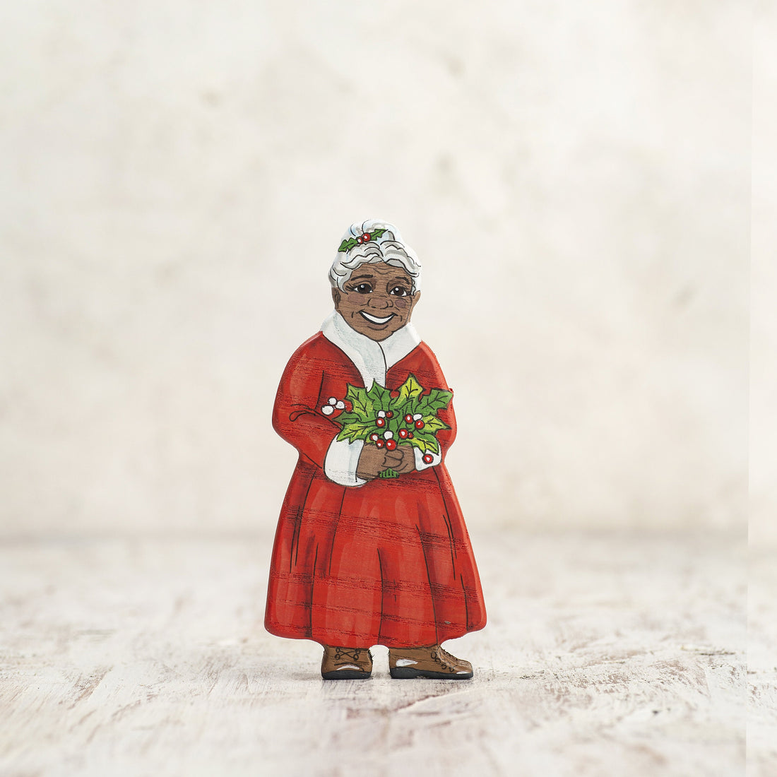 Wooden Caterpillar Mrs. Claus Figurine (Afro American)