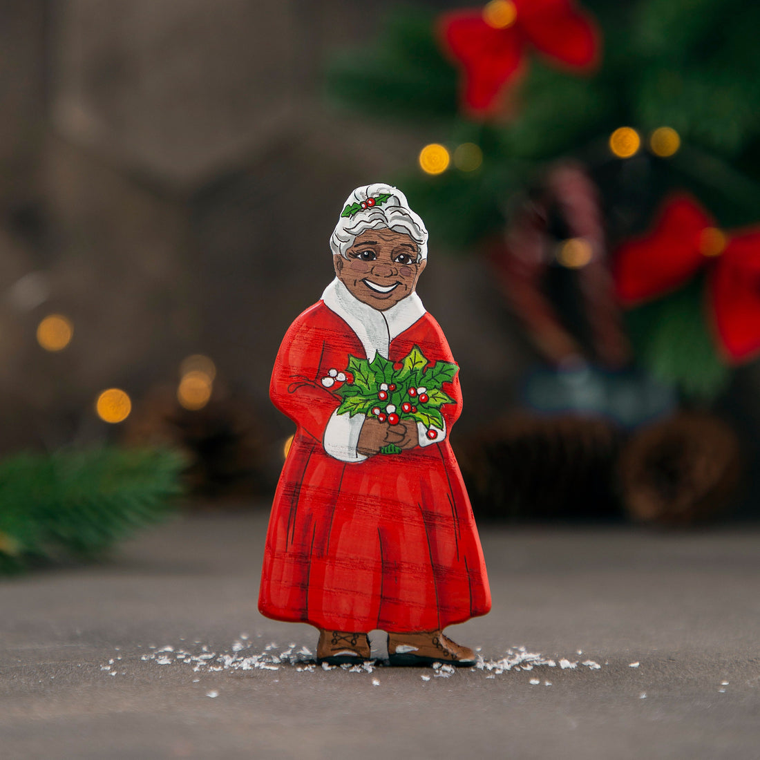 Wooden Caterpillar Mrs. Claus Figurine (Afro American)